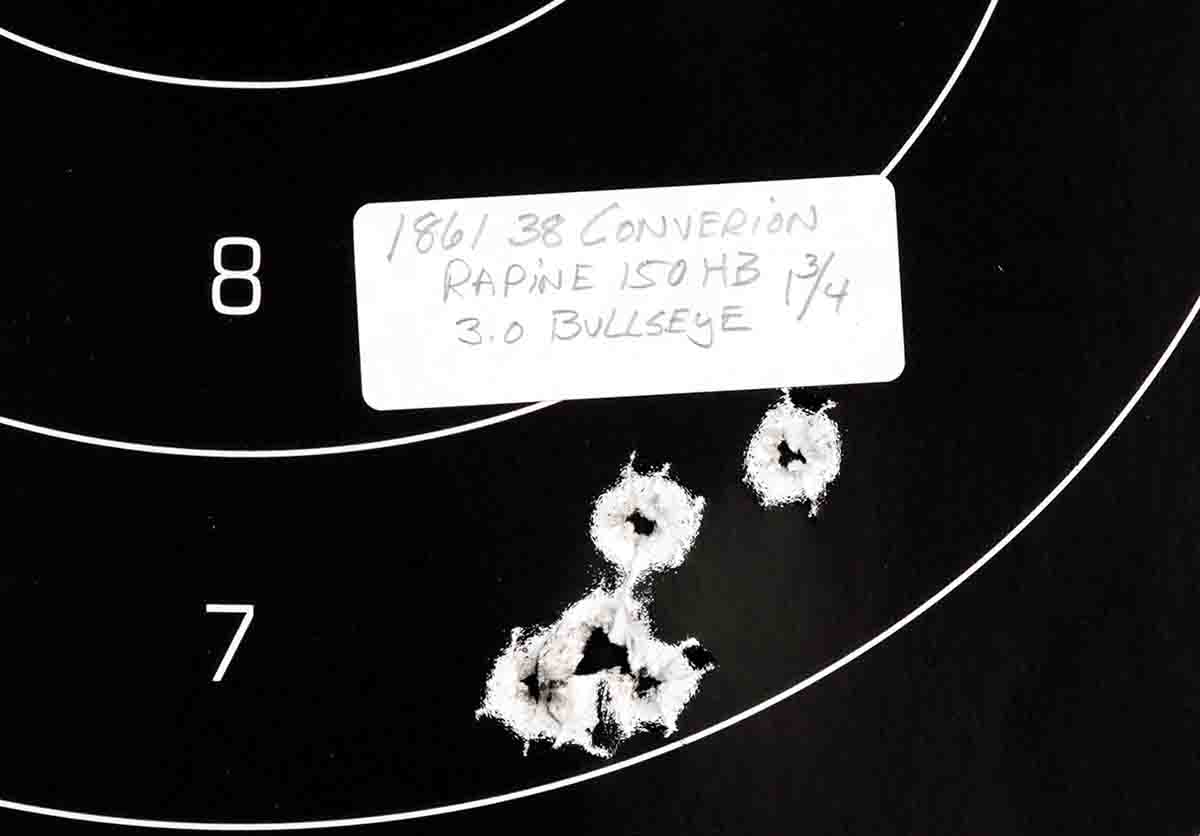 Hollowbase bullets gave fine accuracy in Mike’s Model 1861 .38 Colt conversion. This group was fired from a sandbag rest at 25 yards.